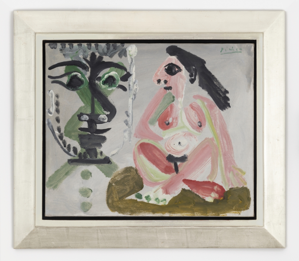 파블로 피카소 (1881&ndash;1973)
남자의 얼굴과 앉아있은 누드, 1964 캔버스에 유화&nbsp;
17 ⅞ &times; 21 ⅝ 인치
45.7 &times; 55 cm