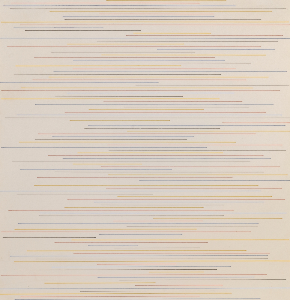 Sol LeWitt
Alternate parallel straight black, yellow, red and blue lines of random length, not touching the sides of the page, 1972
Ink and colored pencil on paper
14 &amp;times; 14 inches
35.6 &amp;times; 35.6 cm